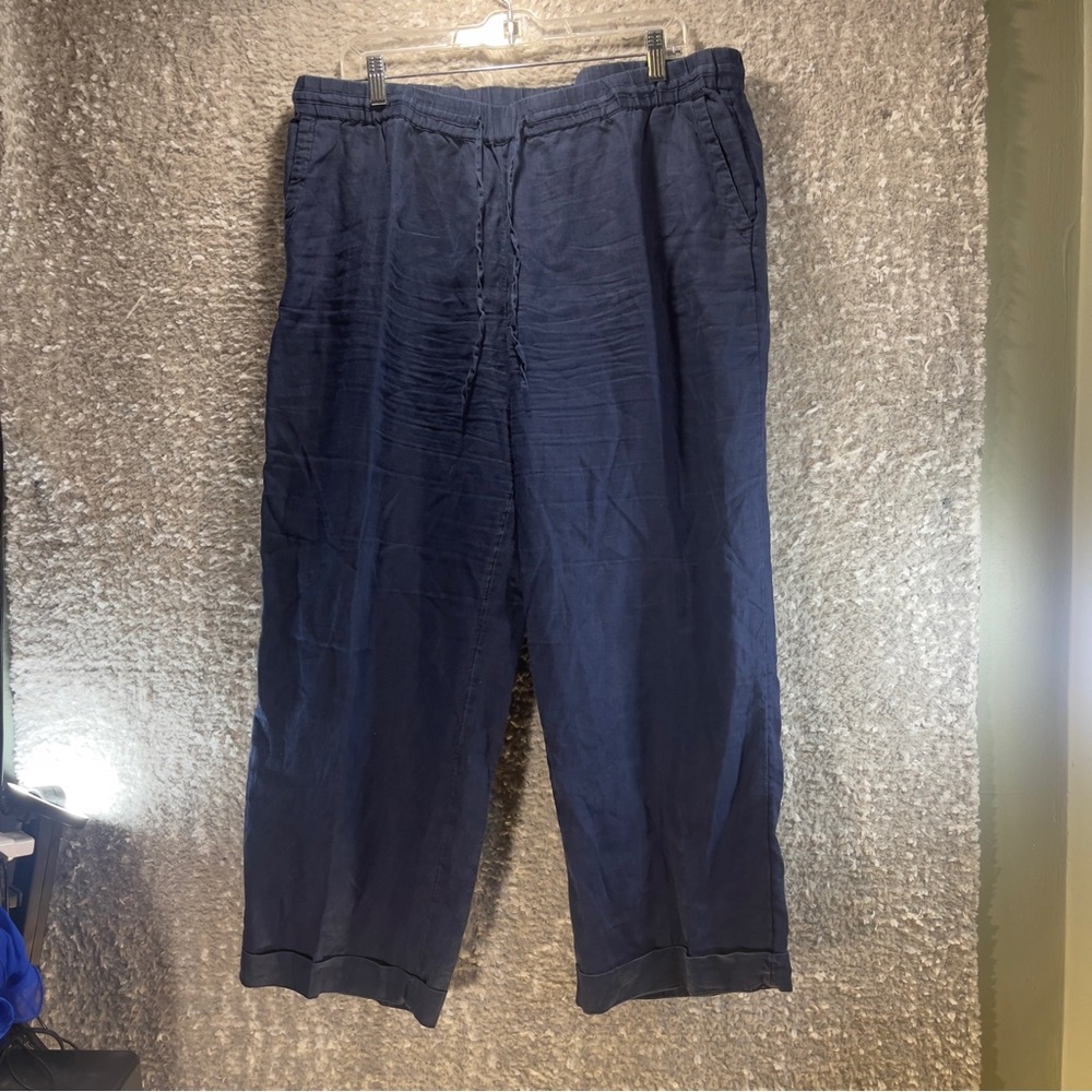 Charter Club Linen Navy Blue Wide Leg Pull On Pants Size XL Pockets Lagenlook
